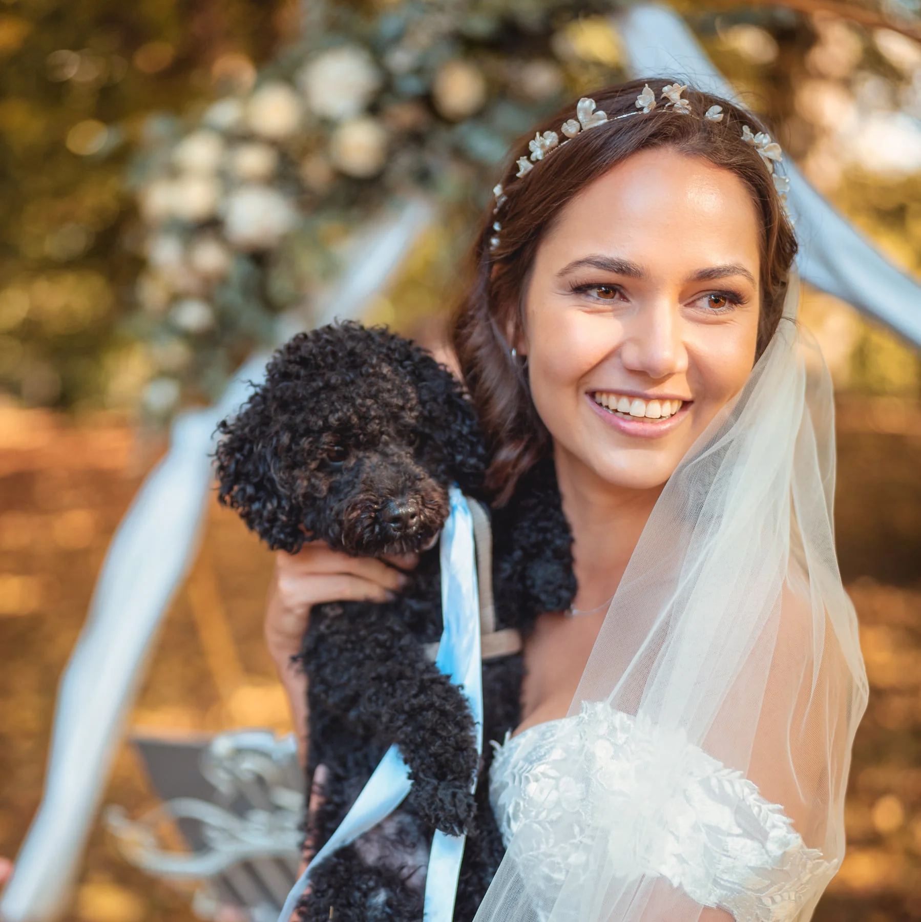Braut mit Schleier am Altar mit schwarzem Hund